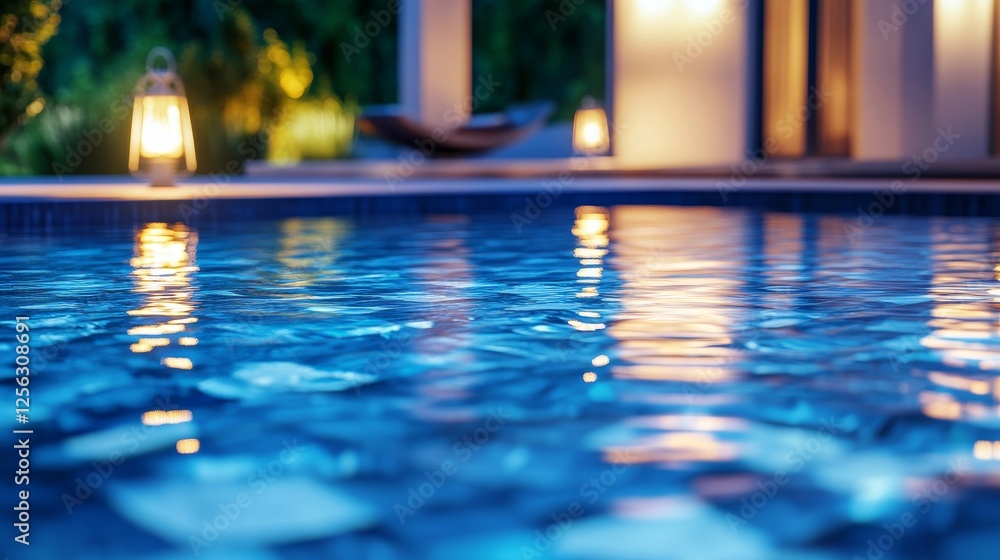 Tranquil Pool Water at Dusk - Serene close-up of rippling water, reflecting warm lights, symbolizing peace, relaxation, luxury, escape, and tranquility Tranquil Pool Water at Dusk - Serene close-up of rippling water, reflecting warm lights, symbolizing peace, relaxation, luxury, escape, and tranquility