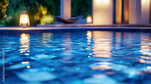 Tranquil Pool Water at Dusk - Serene close-up of rippling water  reflecting warm lights  symbolizing peace  relaxation  luxury  escape  and tranquility