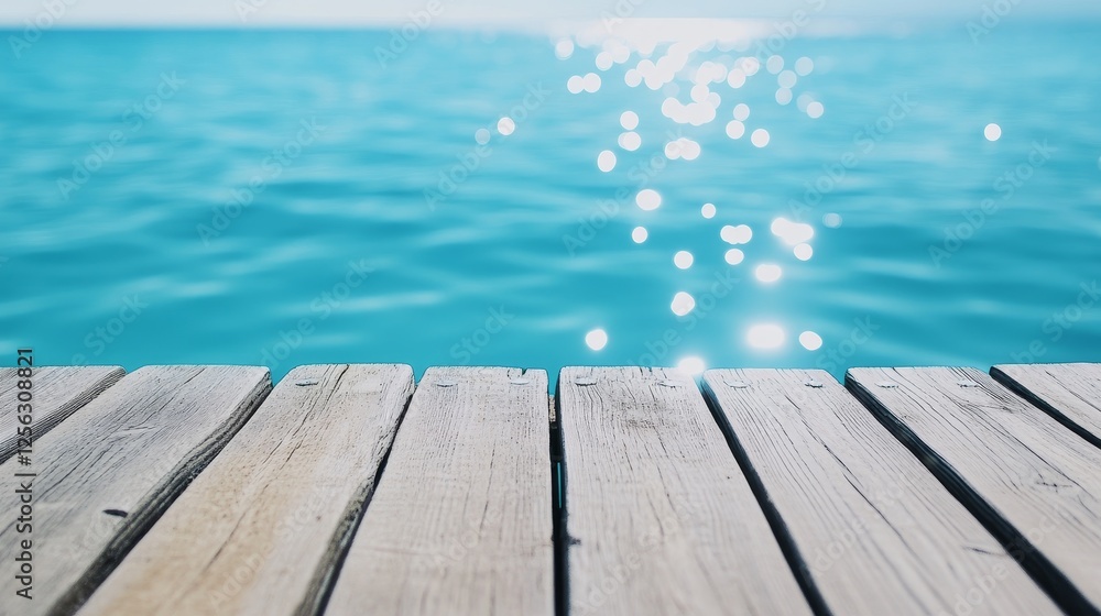Fototapeta premium Tranquil Waters Wooden Dock - Serene coastal scene, wooden dock, tranquil blue water, sunlight reflections, peaceful escape. Symbolizing relaxation, serenity, nature, summer, and travel