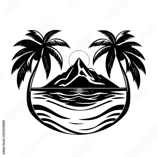 Tropical Paradise Scene: Mountain rising behind a calm sea embraced by palm trees under a sun.