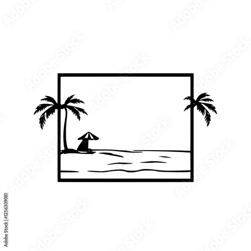 Monochromatic beach scene with palm tree and umbrella in a frame.