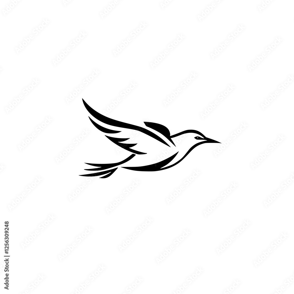 Elegant Black and White Minimalist Illustration of a Bird in Flight, Vector Design.