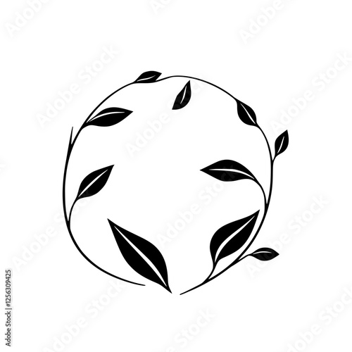Simple, black and white foliage of a natural, circular wreath with clean lines on a pure white background.