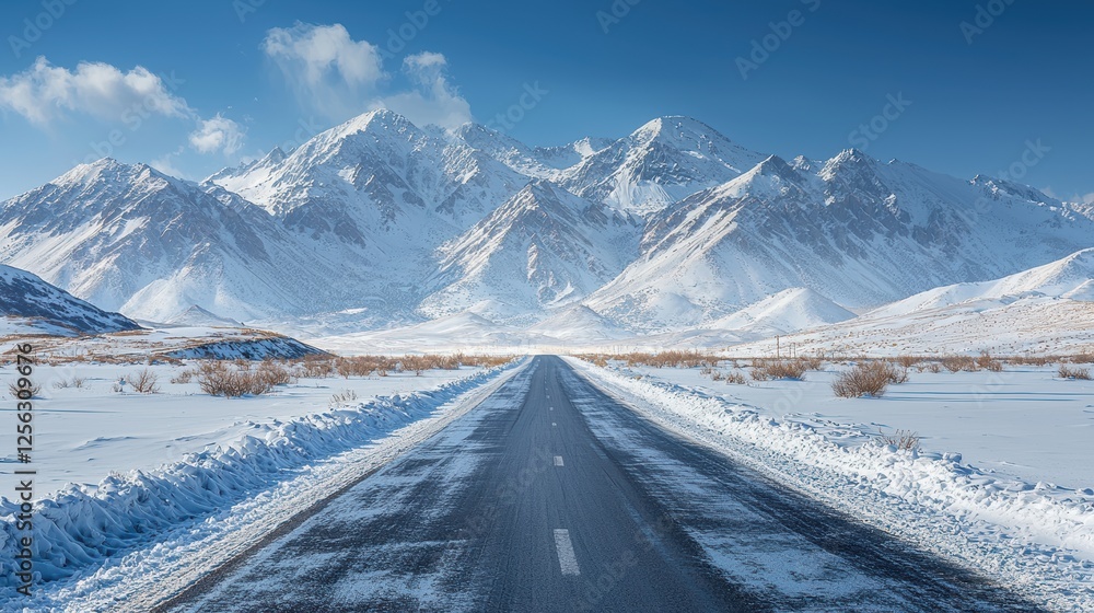 Snow-covered road leading to majestic mountains under a clear blue sky. Snow-covered road leading to majestic mountains under a clear blue sky.