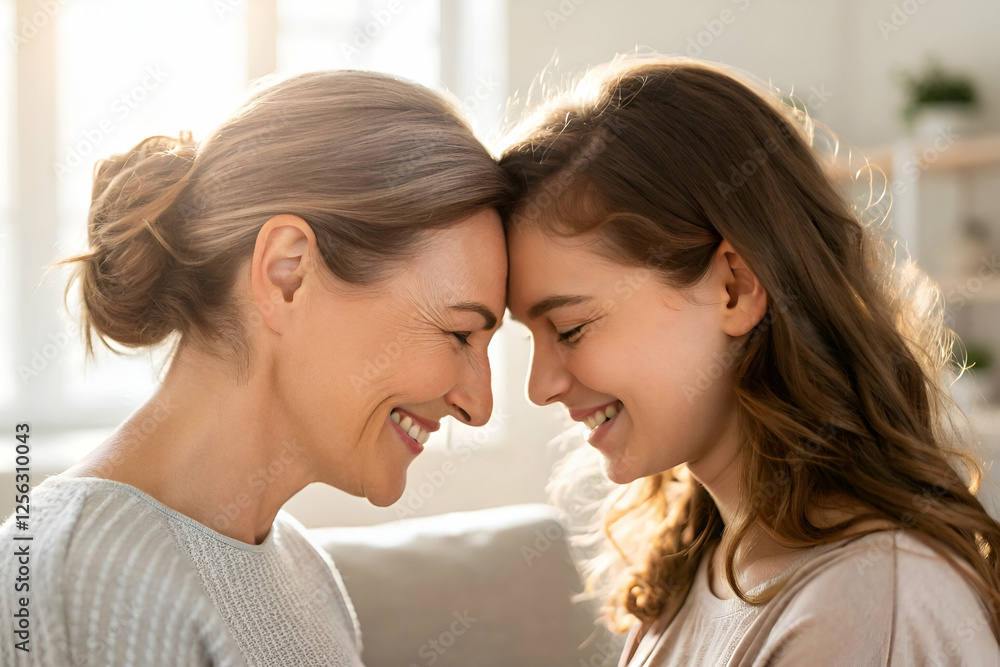 mom and daughter A joyful moment shared between a mother and daughter, smiling and touching foreheads in a warm, cozy environment filled with natural light. mom and daughter A joyful moment shared between a mother and daughter, smiling and touching foreheads in a warm, cozy environment filled with natural light.