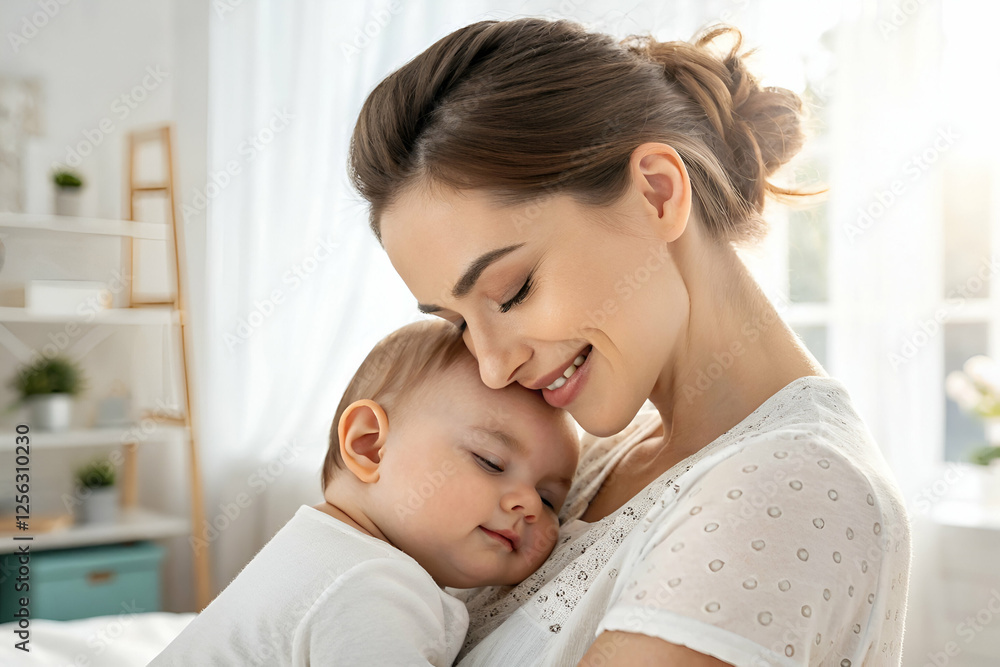 mom and daughter A joyful mother lovingly embraces her sleeping baby in a bright, cozy room, capturing a tender moment of connection and warmth. mom and daughter A joyful mother lovingly embraces her sleeping baby in a bright, cozy room, capturing a tender moment of connection and warmth.