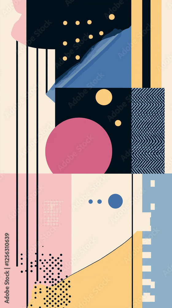 Illustration of circles and shapes in pink and yellow shades with black