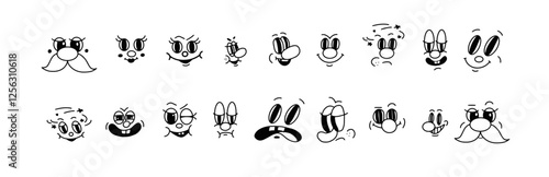 Retro 30s cartoon mascot characters funny faces. 50s, 60s old animation eyes and mouths elements. Vintage comic smile for logo png set