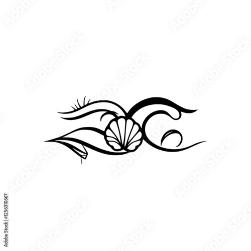 Abstract seashell design in elegant black ink against a white background, minimalist, artistic, and clean lines.