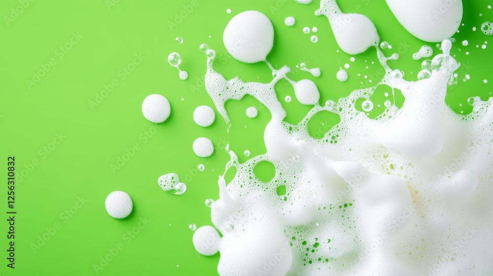 Fototapeta premium White Foam on Green Background - Abstract of white foam bubbles on a bright green background. Perfect for cleaning product, cosmetic, or spa advertising