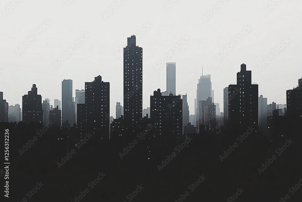 Cityscape Silhouette: A dramatic, monochromatic cityscape silhouette at dawn or dusk, showcasing a dense cluster of skyscrapers against a muted sky, creating a sense of urban mystery and grandeur. Cityscape Silhouette: A dramatic, monochromatic cityscape silhouette at dawn or dusk, showcasing a dense cluster of skyscrapers against a muted sky, creating a sense of urban mystery and grandeur.