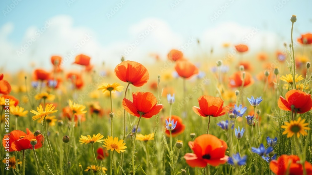 Fototapeta premium Vibrant Wildflower Meadow with Red Poppies and Yellow Daisies