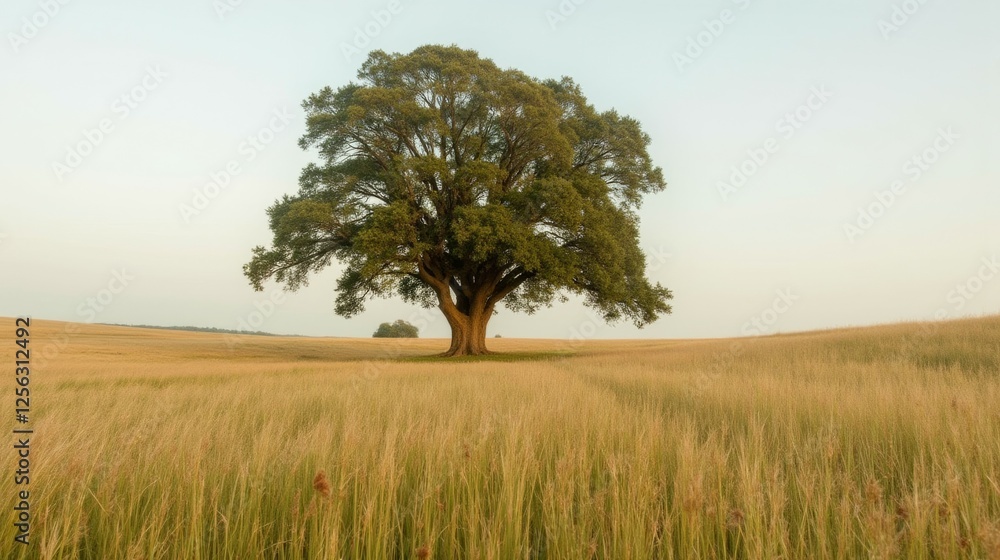 Majestic Lone Tree in Expansive Golden Wheat Field at Sunset Majestic Lone Tree in Expansive Golden Wheat Field at Sunset