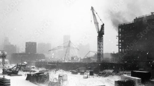 Snowy construction site, cranes in winter photo