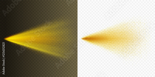Water spray effects isolated on transparent background. Realistic light yellow air freshener, splash of paint or powder explosion. Vector sand, dust burst particles stream