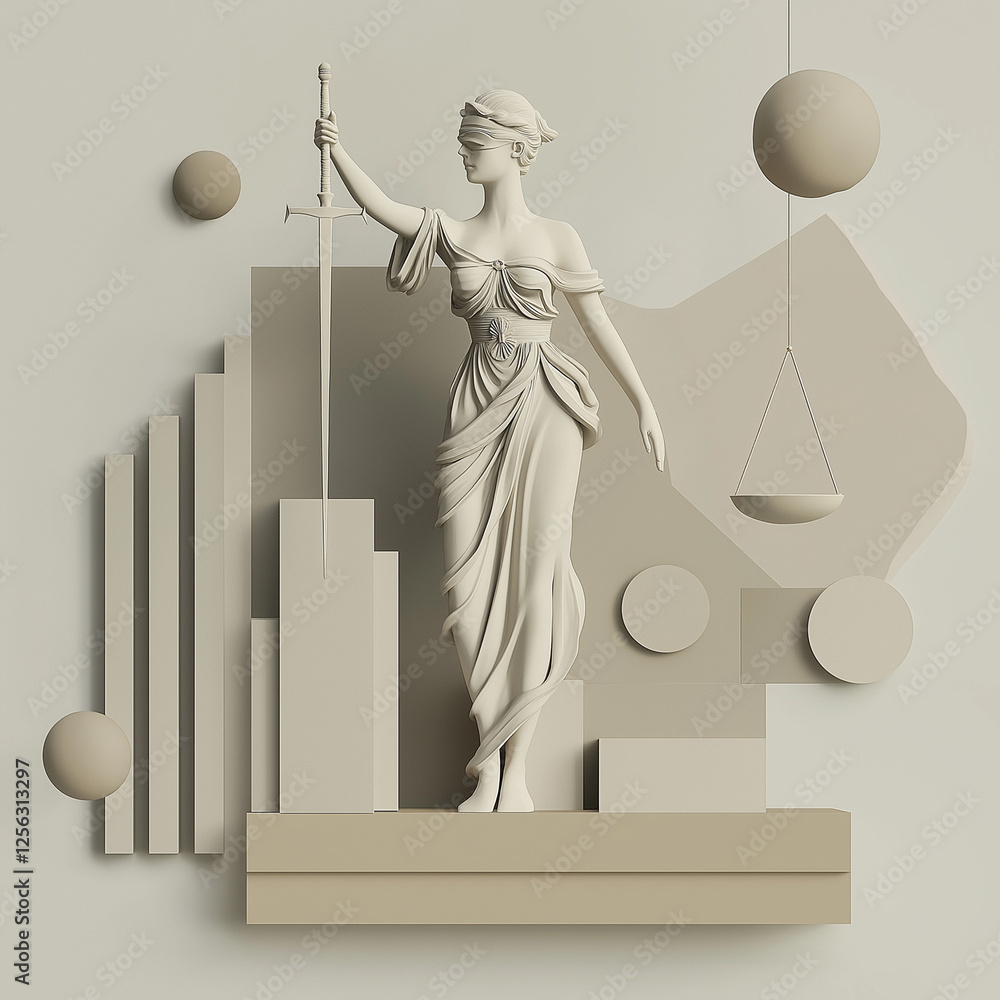 Blindfolded Justice with sword and geometric shapes