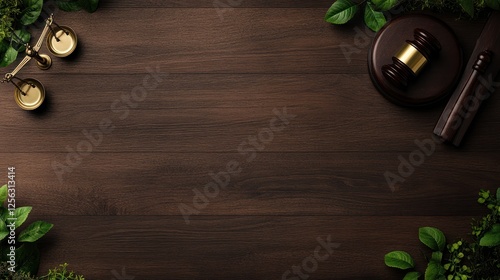 Empty wooden table with legal symbols, nature background. Legal, office, meeting, concept, space, decor, justice,  business photo