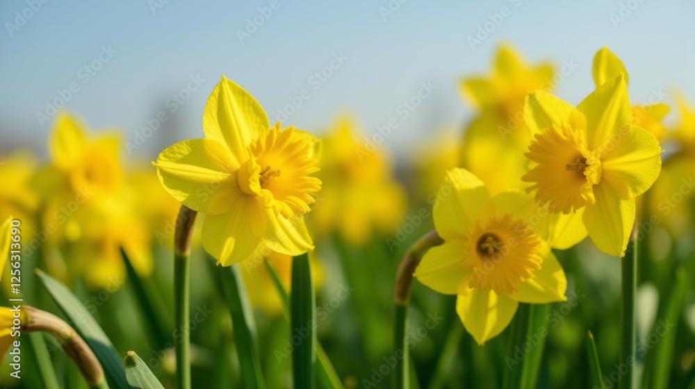 Fototapeta premium Bright Yellow Daffodils in Bloom Against a Clear Blue Sky