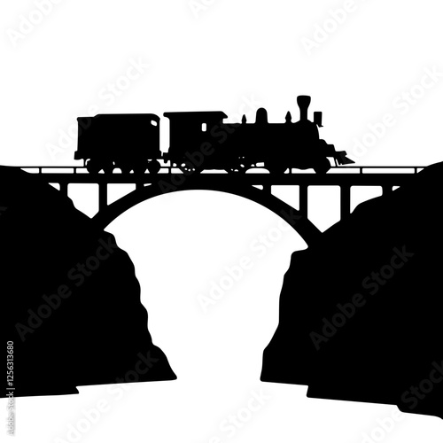 Silhouette of a steam train crossing a bridge in black and white vector style