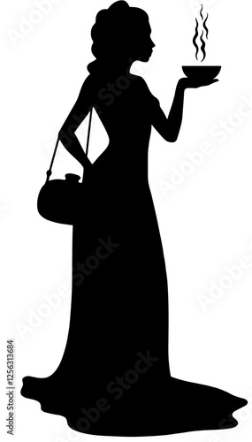 Elegant woman silhouette holding a steaming cup, black and white, vector design, no background