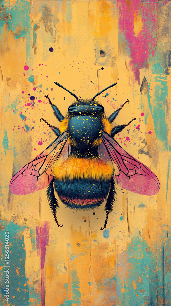 Bee on a colorful paint-spattered background