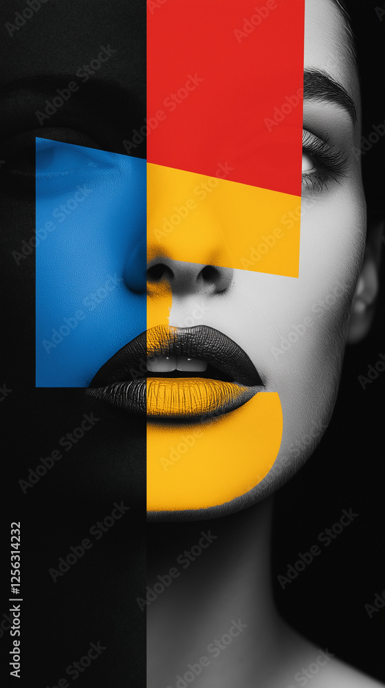 Closeup woman face with blocks of vivid colors vertical