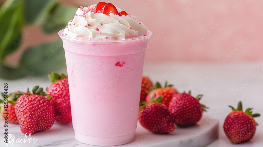 Strawberry Milkshake with Whipped Cream on Pink Background Strawberry Milkshake with Whipped Cream on Pink Background