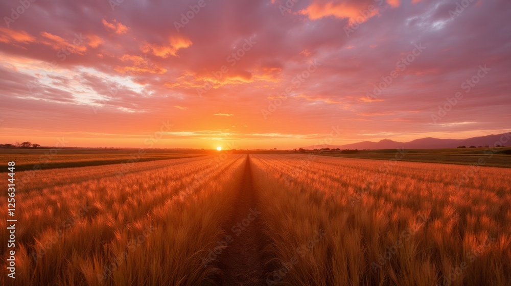 Golden Wheat Field at Sunset with Dramatic Sky and Soft Clouds Golden Wheat Field at Sunset with Dramatic Sky and Soft Clouds