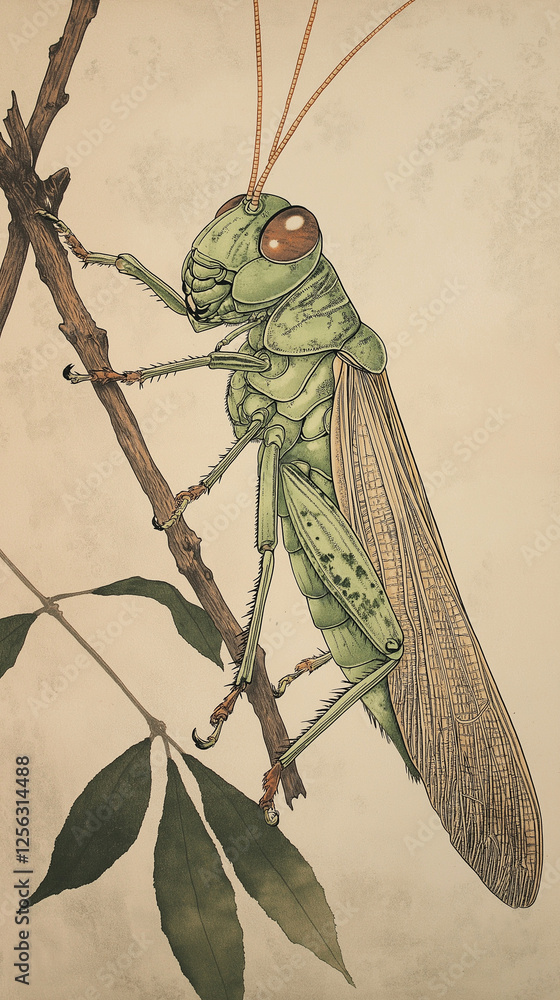 Grasshopper on a twig with copy space