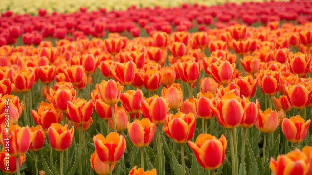 Vibrant Tulip Fields in Bloom under Clear Blue Sky Vibrant Tulip Fields in Bloom under Clear Blue Sky