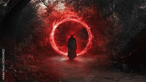 Devilish Figure at Fiery Portal in Dark Forest