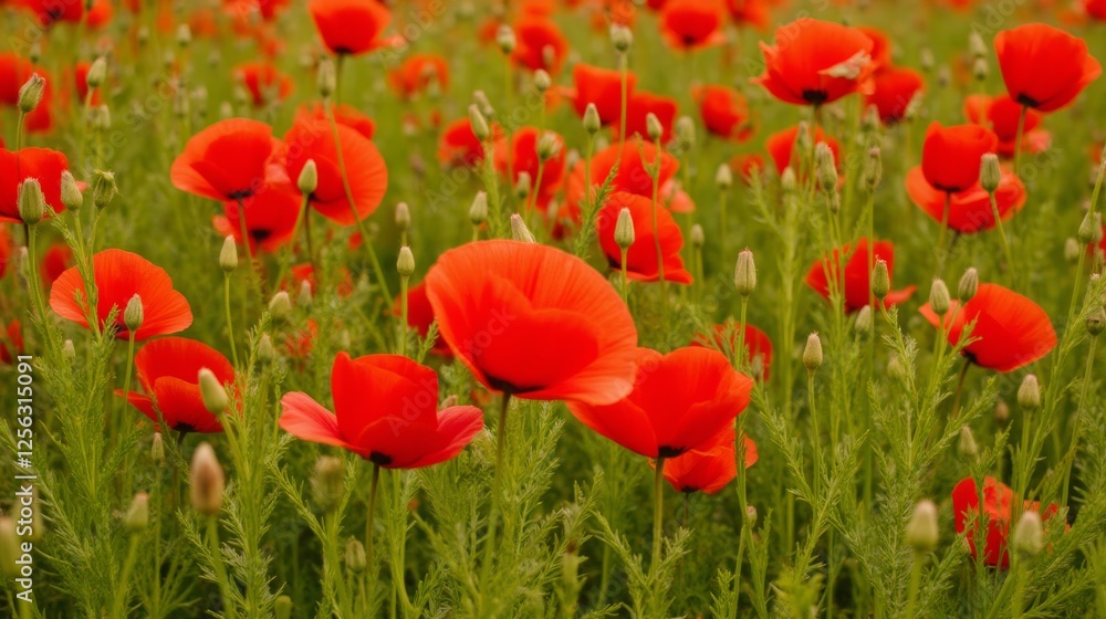 Vibrant Red Poppies Blooming in a Green Meadow Landscape Scene Vibrant Red Poppies Blooming in a Green Meadow Landscape Scene