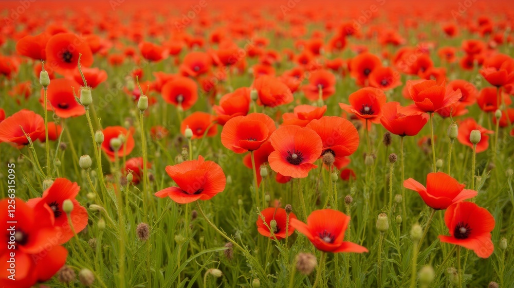 Vibrant Red Poppies Blooming Across a Lush Green Field Vibrant Red Poppies Blooming Across a Lush Green Field