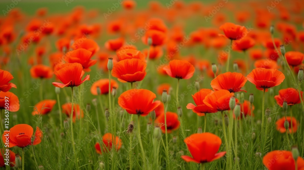 Vibrant Field of Orange Poppies with Green Background in Bloom Vibrant Field of Orange Poppies with Green Background in Bloom
