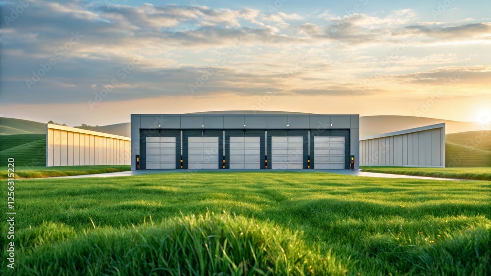 Obraz premium Modern Industrial Storage Facility Surrounded by Lush Green Landscape at Sunset