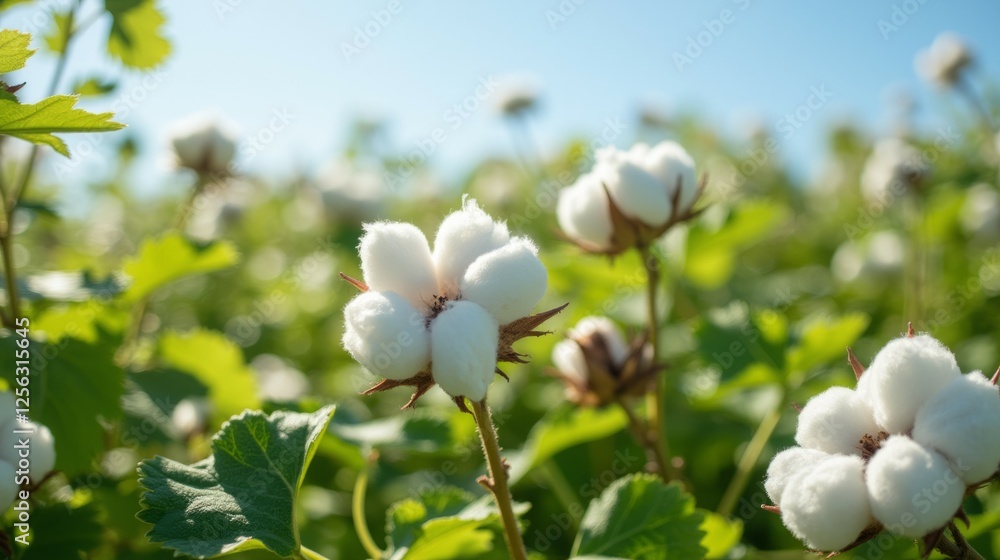 Lush Cotton Field in Bright Sunlight Under Clear Blue Sky Lush Cotton Field in Bright Sunlight Under Clear Blue Sky