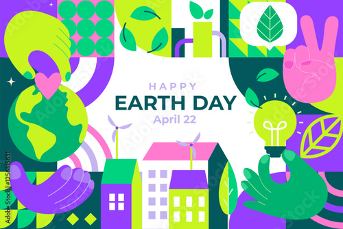 Earth Day, world environment day. Ecology concept with geometric simple forms. Banner, flyer for advertise, web, social media, design, marketing and print. Eco friendly world. Vector illustration.