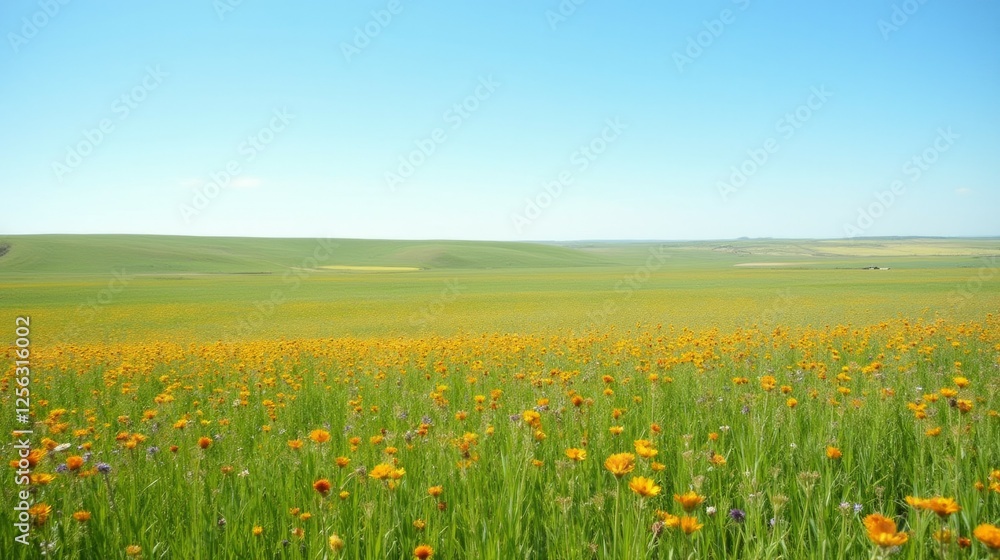Vibrant Wildflower Meadow Under Clear Blue Sky in Spring Season Vibrant Wildflower Meadow Under Clear Blue Sky in Spring Season