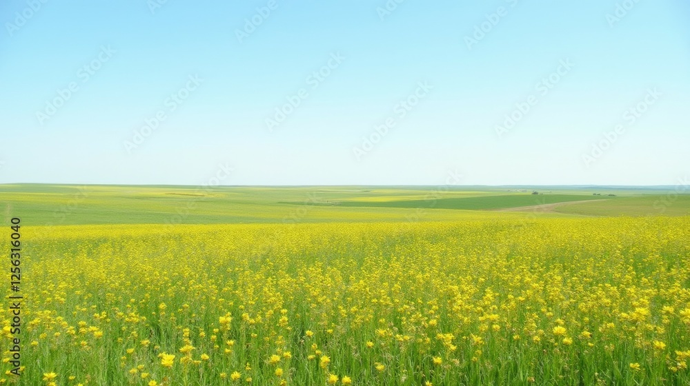 Bright Yellow Flower Field Under Clear Blue Sky Landscape View Bright Yellow Flower Field Under Clear Blue Sky Landscape View