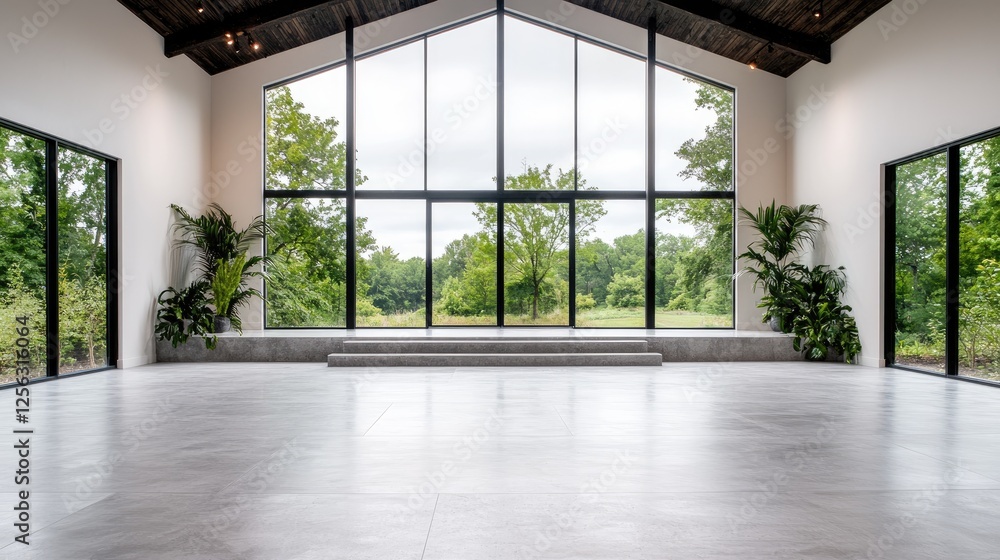 Fototapeta premium Modern Event Space with Large Windows Overlooking Green Landscape