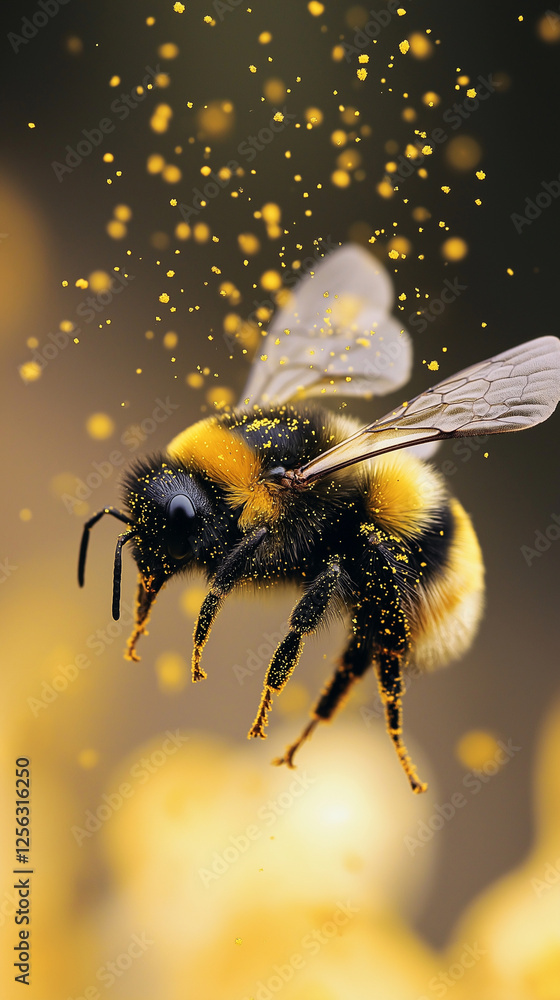 Bumblebee in shower of pollen vertical