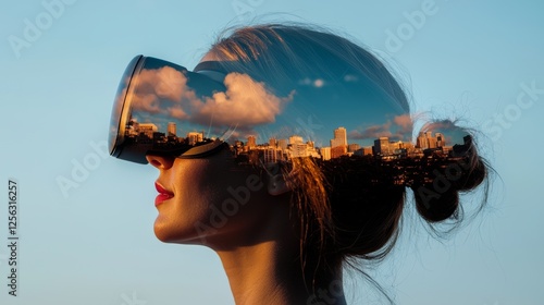 A woman with stylish VR goggles surveys a cityscape, where digital overlays interlace with the lively city skyline photo