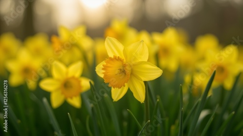 Vibrant Yellow Daffodil Blooms in Sunlit Garden During Spring Season