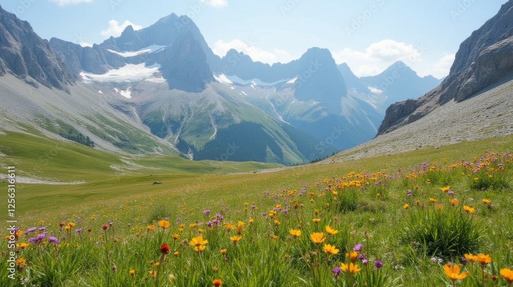 Fototapeta premium Vibrant Wildflowers in Stunning Mountain Landscape Under Clear Sky