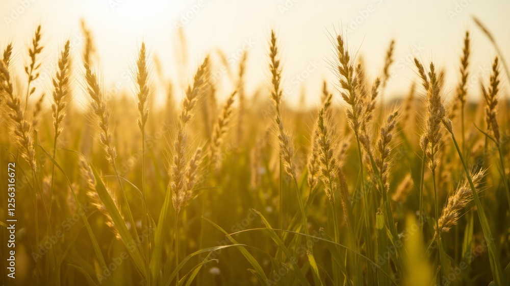Golden Wheat Field with Sunlight Glowing at Dusk in Summer Golden Wheat Field with Sunlight Glowing at Dusk in Summer