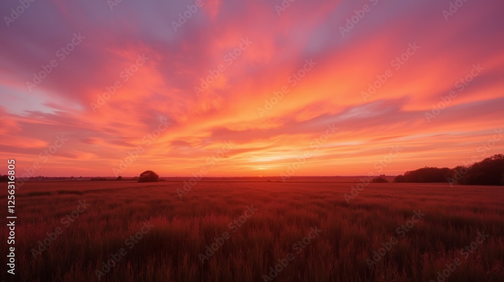 Vibrant Sunset Over Open Field with Striking Cloud Patterns Vibrant Sunset Over Open Field with Striking Cloud Patterns
