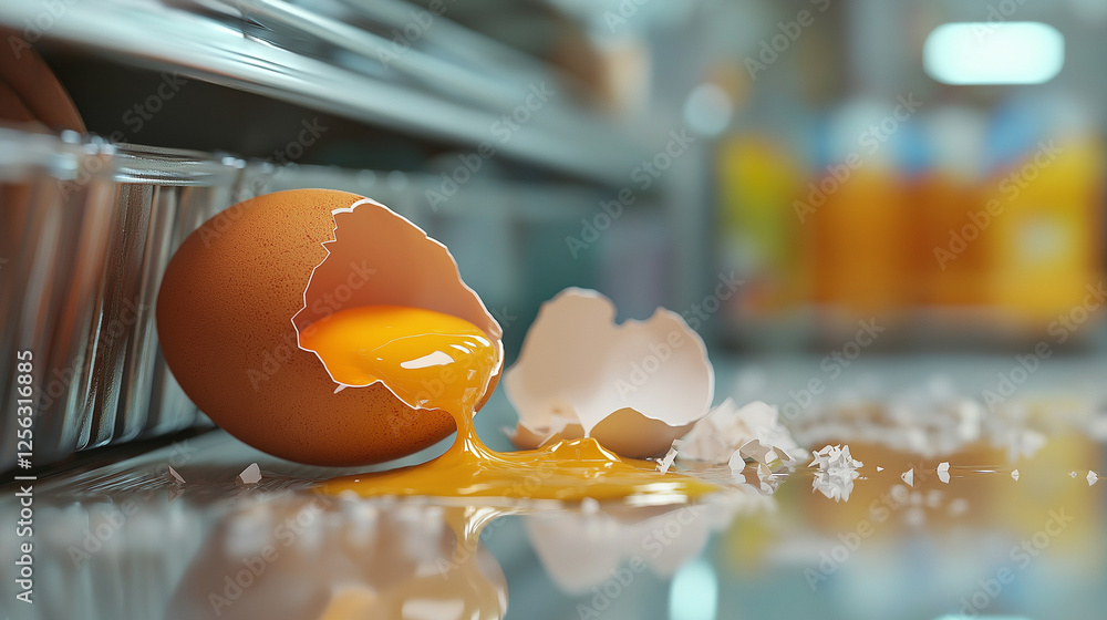 Broken egg on a store refrigerated shelf with text space