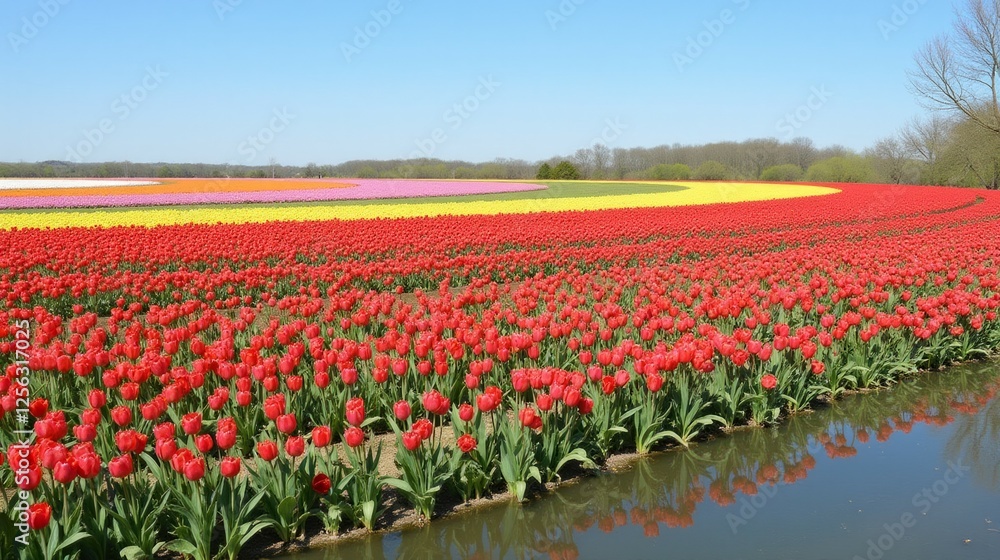 Vibrant Tulip Fields Under Clear Blue Sky in Spring Season Vibrant Tulip Fields Under Clear Blue Sky in Spring Season