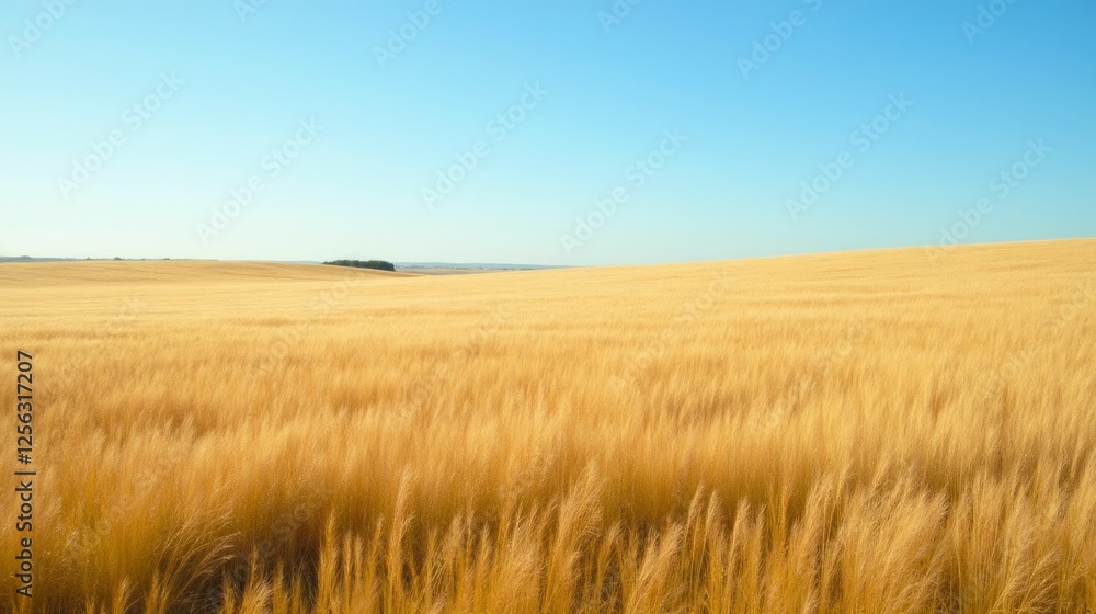 Obraz premium Scenic Golden Wheat Field Under Clear Blue Sky at Sunrise