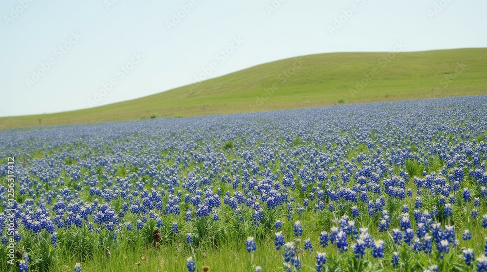 Expansive Bluebonnet Field Under Clear Sky in Green Landscape Expansive Bluebonnet Field Under Clear Sky in Green Landscape